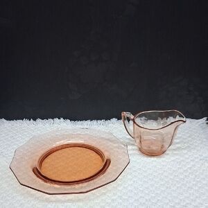 Vtg. pink depression Jeannette glass cherry blossom creamer & plate Replacement